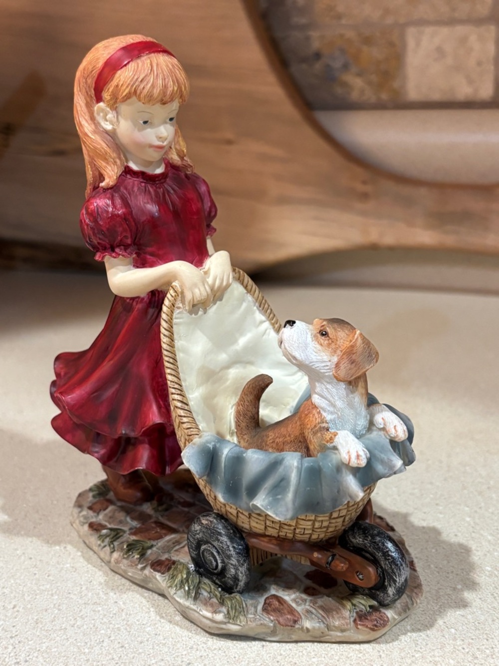 Home Interiors Red Dress Girl Figurine with Puppy in Wagon “Sunday Stroll”